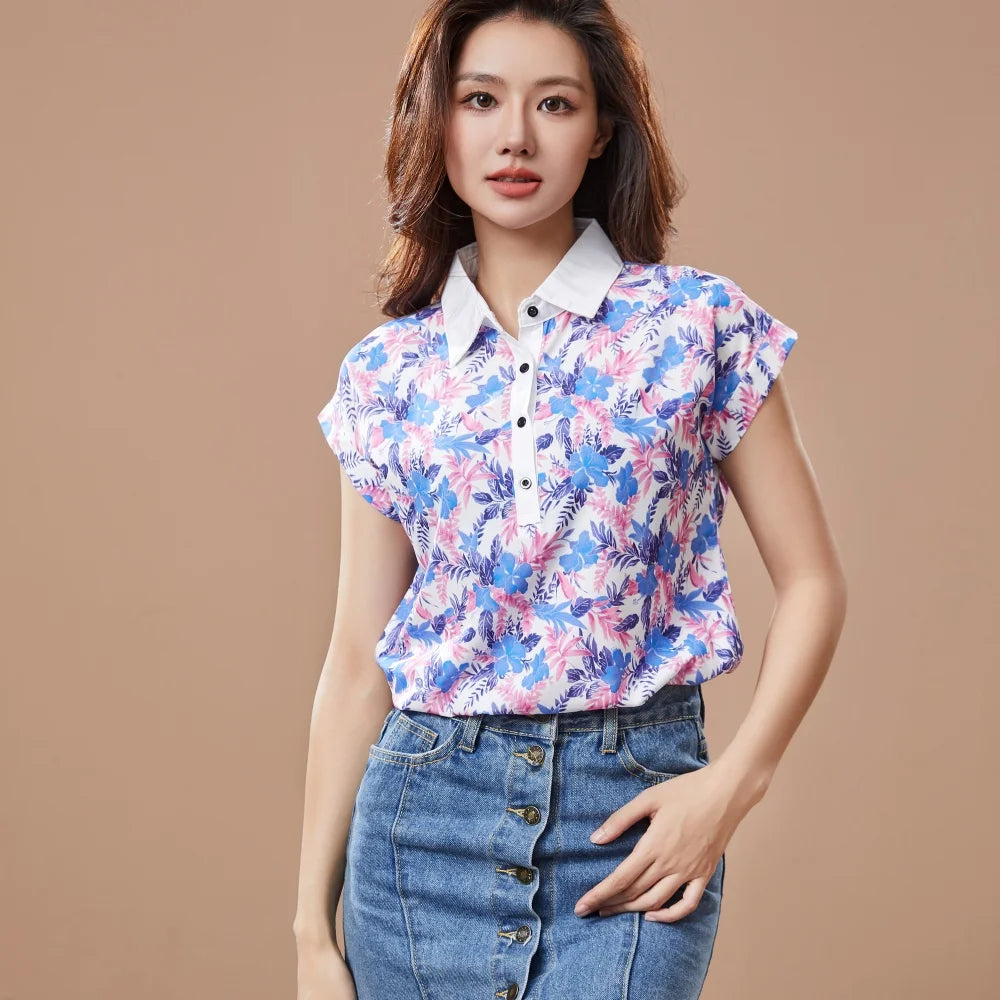 Women’s Spring Summer Chiffon Blouse – Casual Printed Short Sleeve Turn-Down Collar Loose Top