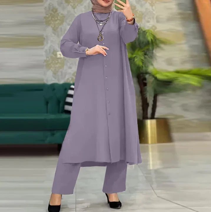 Ensemble Modest Women’s Long Coat & Wide Leg Pants Suit – Morocco Style Muslim 2-Piece Casual Kimono Arabic Outfit