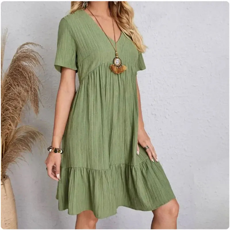 Women's Peplum V-Neck Summer Dress – Short Sleeve Loose Waist Ruffle Fit & Flare Vocation Style
