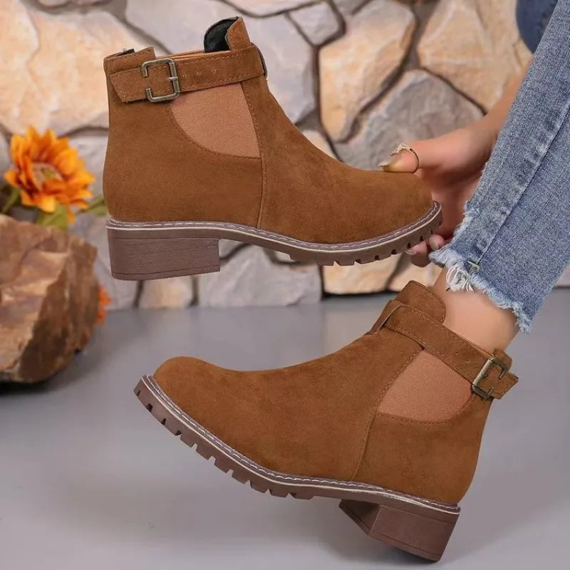 Autumn Winter Women’s Mid Heel Boots – Elegant Round Toe, Square Heel, Versatile Fashion Shoes