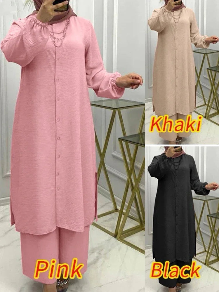 Arabic Stylish Women’s 2-Piece Outfit | Shirt Blouse & Wide-Leg Pants Set | Casual & Office Wear Kaftan Ensemble | New Arrival