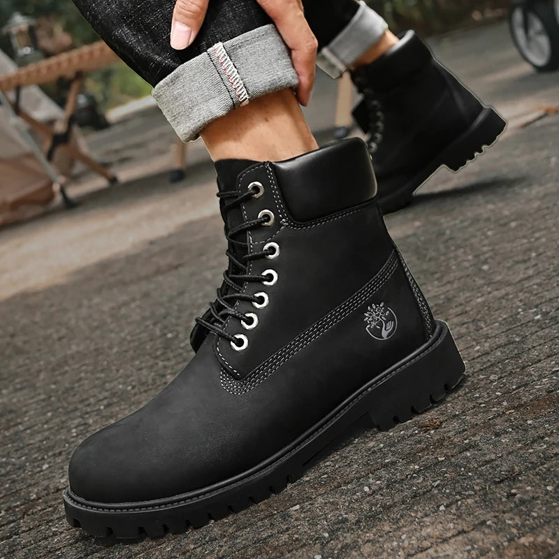 Men’s High Top Leather Boots – Winter Plush Warm Ankle Shoes, Outdoor Non-Slip Lace-Up Sneakers