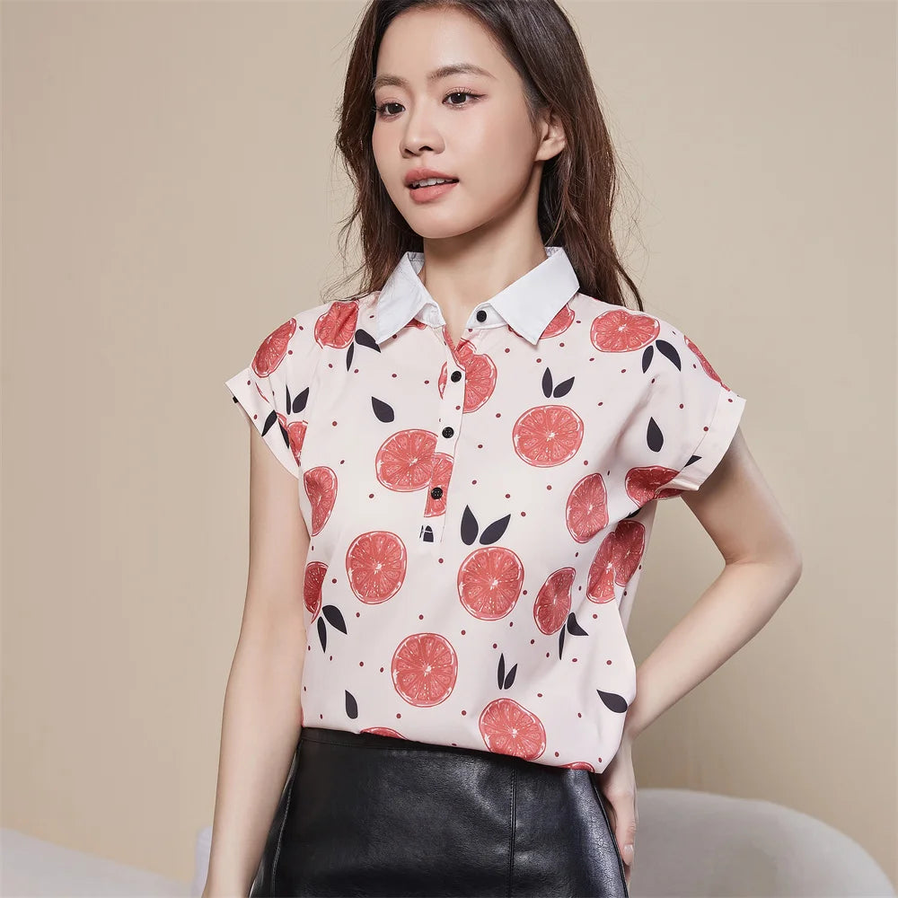 Women’s Spring Summer Chiffon Blouse – Casual Printed Short Sleeve Turn-Down Collar Loose Top