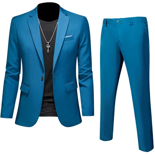Men's 2-Piece Slim Fit Suit – Blazer & Pants | Business, Wedding, Groom, Social Tuxedo Set | 16 Colours | Size M to 6XL