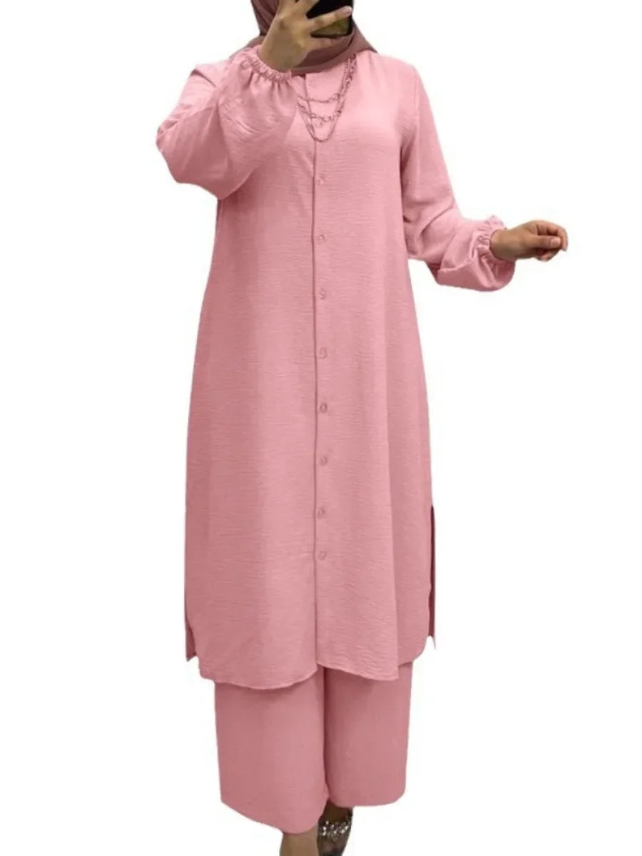 Arabic Stylish Women’s 2-Piece Outfit | Shirt Blouse & Wide-Leg Pants Set | Casual & Office Wear Kaftan Ensemble | New Arrival