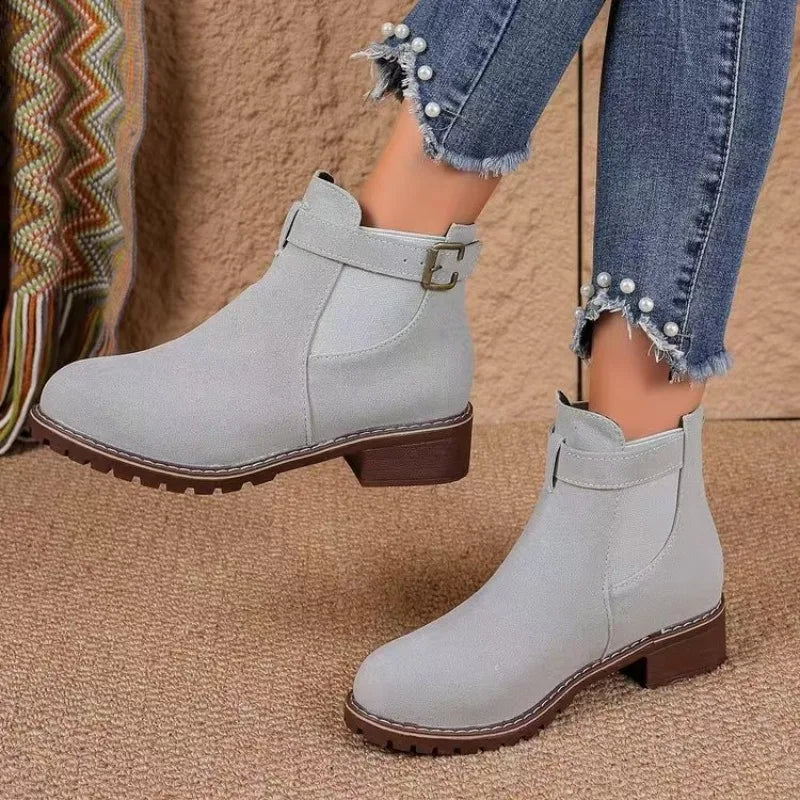 Autumn Winter Women’s Mid Heel Boots – Elegant Round Toe, Square Heel, Versatile Fashion Shoes