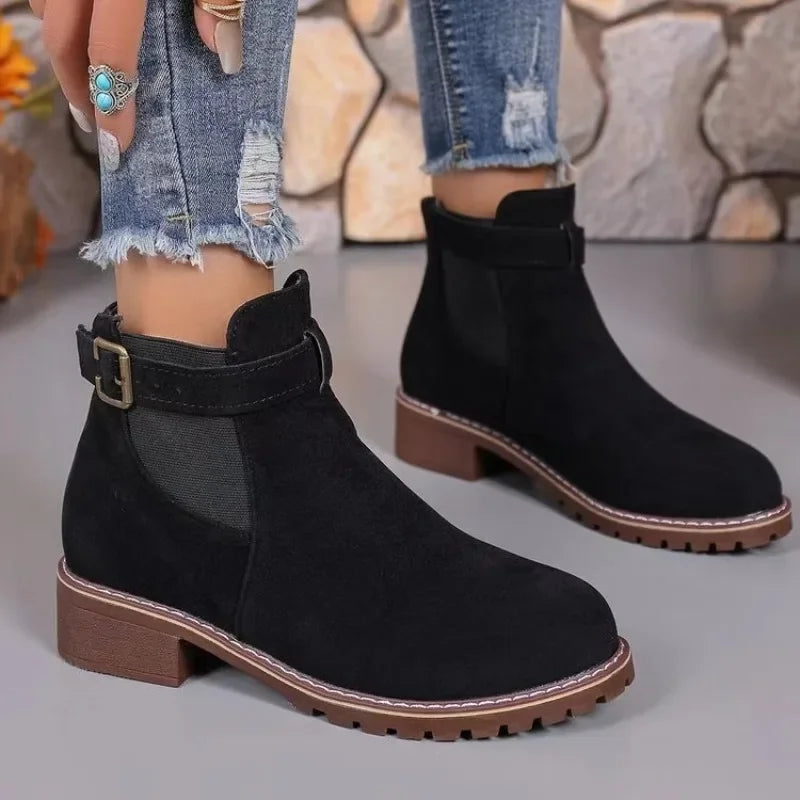 Autumn Winter Women’s Mid Heel Boots – Elegant Round Toe, Square Heel, Versatile Fashion Shoes