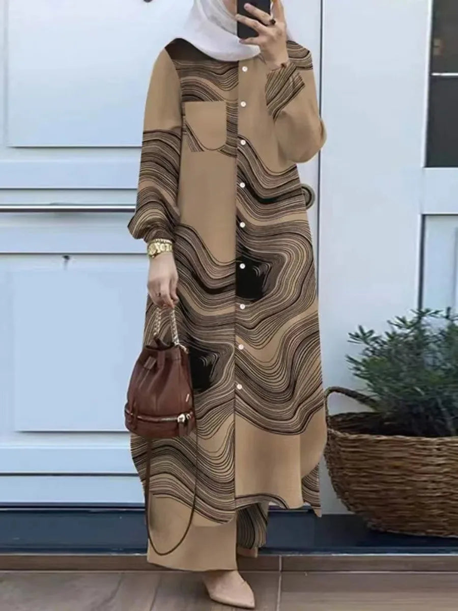 Two-Piece Shirt & Pants Women’s Suit | Moroccan Kaftan Islamic Dress Ensemble | Arabian & Moroccan Style