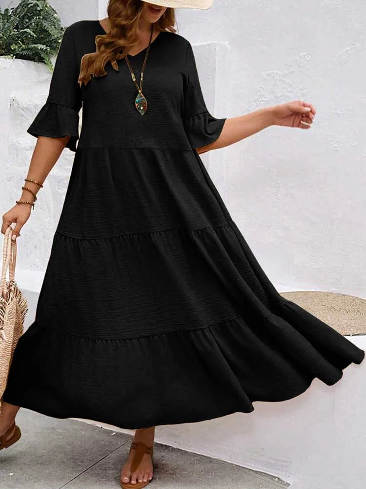Plus Size Solid Color Bohemian Maxi Dress – Elegant Summer Fit and Flare