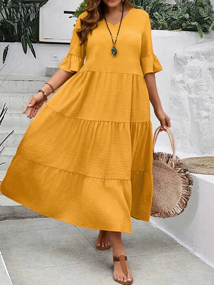 Plus Size Solid Color Bohemian Maxi Dress – Elegant Summer Fit and Flare