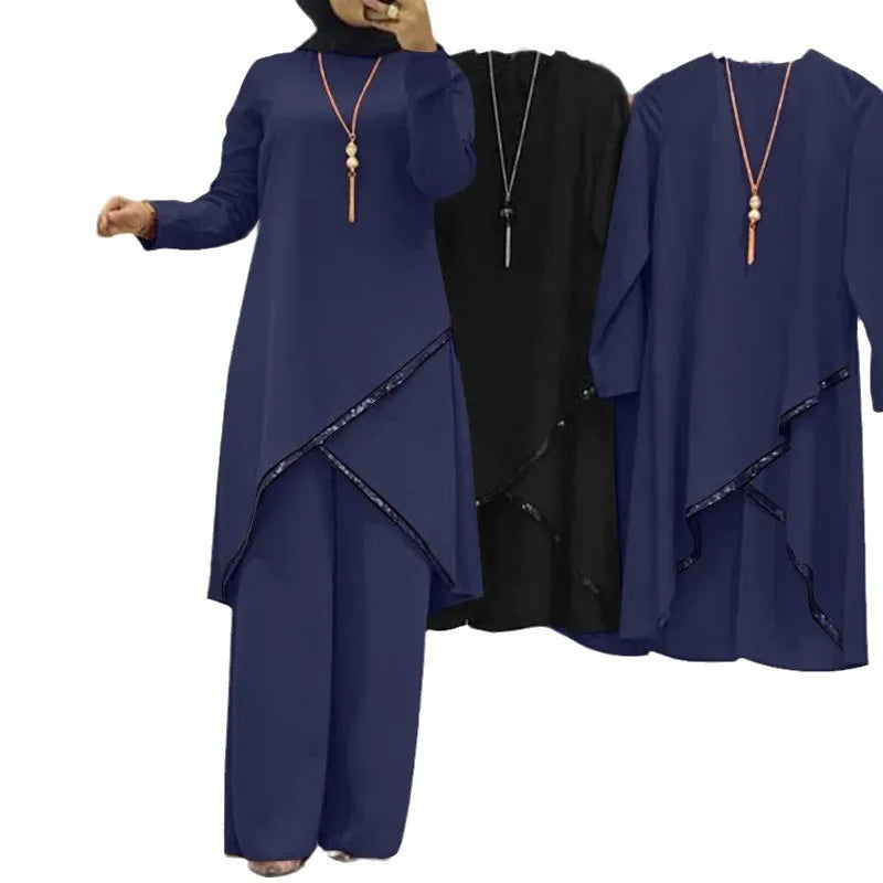 Moroccan Stylish Women’s Ensemble | Trending Two-Piece Muslim Set | Solid Blouse & Wide-Leg Pants Kaftan