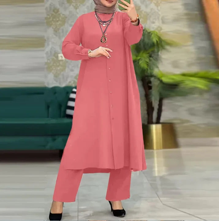 Ensemble Modest Women’s Long Coat & Wide Leg Pants Suit – Morocco Style Muslim 2-Piece Casual Kimono Arabic Outfit