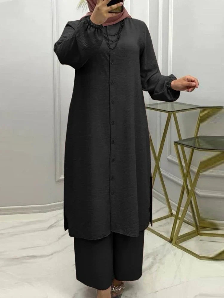 Arabic Stylish Women’s 2-Piece Outfit | Shirt Blouse & Wide-Leg Pants Set | Casual & Office Wear Kaftan Ensemble | New Arrival