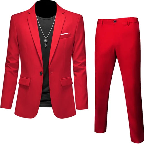 Men's 2-Piece Slim Fit Suit – Blazer & Pants | Business, Wedding, Groom, Social Tuxedo Set | 16 Colours | Size M to 6XL