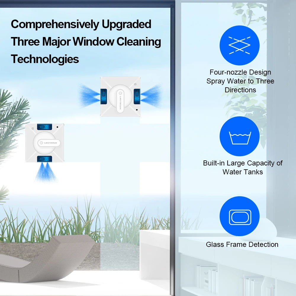 Robot Window Cleaner Liectroux YW509 | 4-Way Water Spray | 3000Pa Suction Power | Smart Memory Window Glass Cleaning Robot