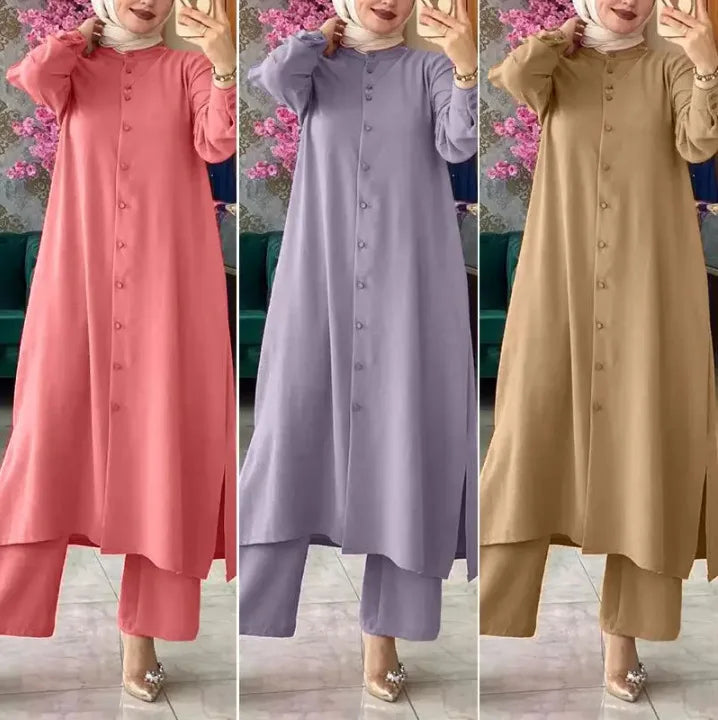 Ensemble Modest Women’s Long Coat & Wide Leg Pants Suit – Morocco Style Muslim 2-Piece Casual Kimono Arabic Outfit
