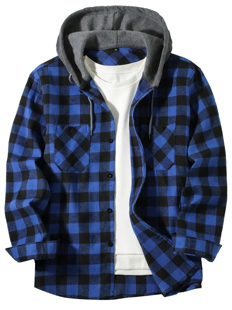 Men’s Classic Plaid Flannel Shirt Jacket with Hood, Long Sleeve Casual Button-Down Double Pockets – Autumn Tops