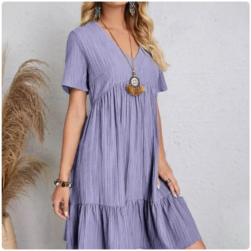 Women's Peplum V-Neck Summer Dress – Short Sleeve Loose Waist Ruffle Fit & Flare Vocation Style