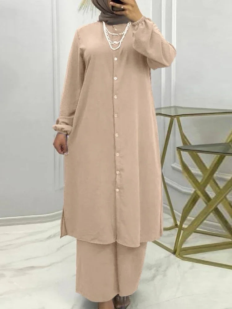 Arabic Stylish Women’s 2-Piece Outfit | Shirt Blouse & Wide-Leg Pants Set | Casual & Office Wear Kaftan Ensemble | New Arrival