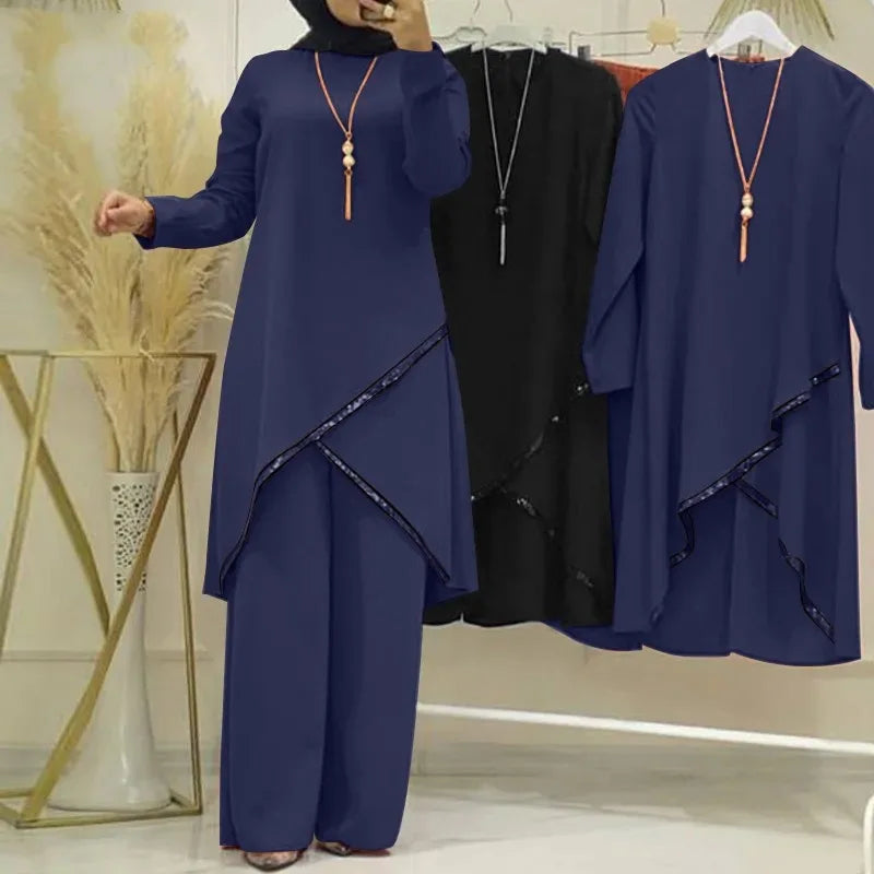 Moroccan Stylish Women’s Ensemble | Trending Two-Piece Muslim Set | Solid Blouse & Wide-Leg Pants Kaftan