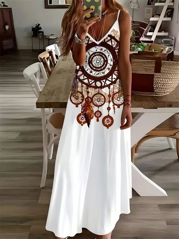 Women's Elegant Vintage Dreamcatcher Print Sleeveless Summer Halter Dress – 2025 Collection