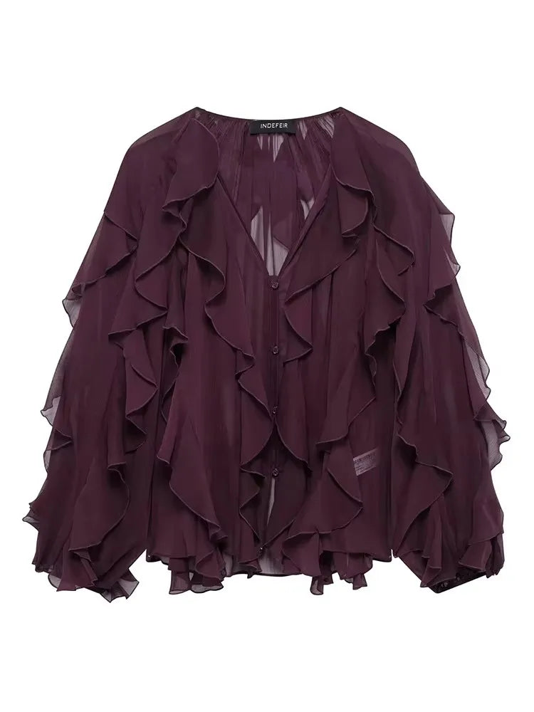 Women’s Translucent Ruffle Blouse | 2025 New Fashion V-Neck Buttoned Tiered Casual Beach Top