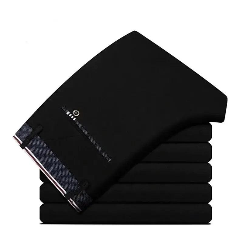 Men's Elastic Straight Pants Business Casual Long Suit Pants Male Formal Trousers Solid Colours – Black & Blue