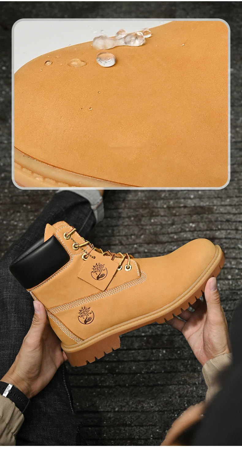Men’s High Top Leather Boots – Winter Plush Warm Ankle Shoes, Outdoor Non-Slip Lace-Up Sneakers