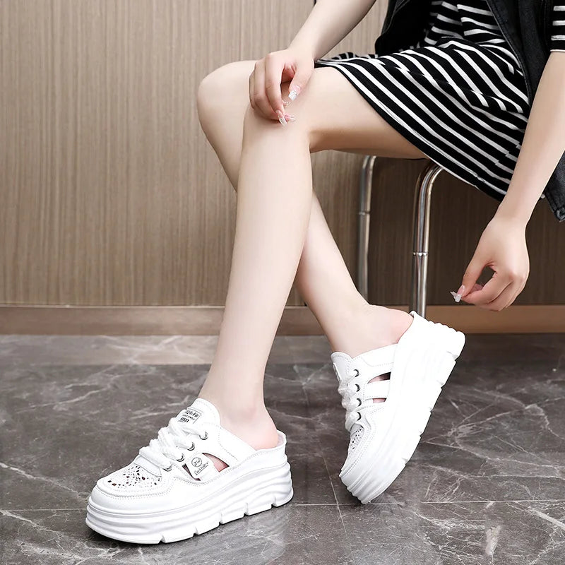 2025 Spring/Summer Women's Baotou Slippers – Thick Sole Muffin Style Small White Half Slippers