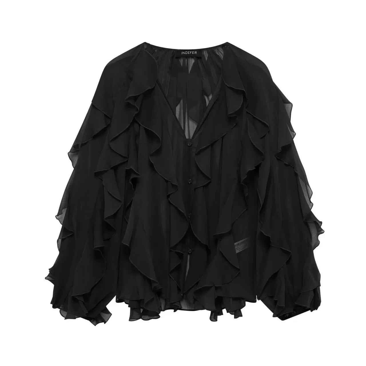 Women’s Translucent Ruffle Blouse | 2025 New Fashion V-Neck Buttoned Tiered Casual Beach Top