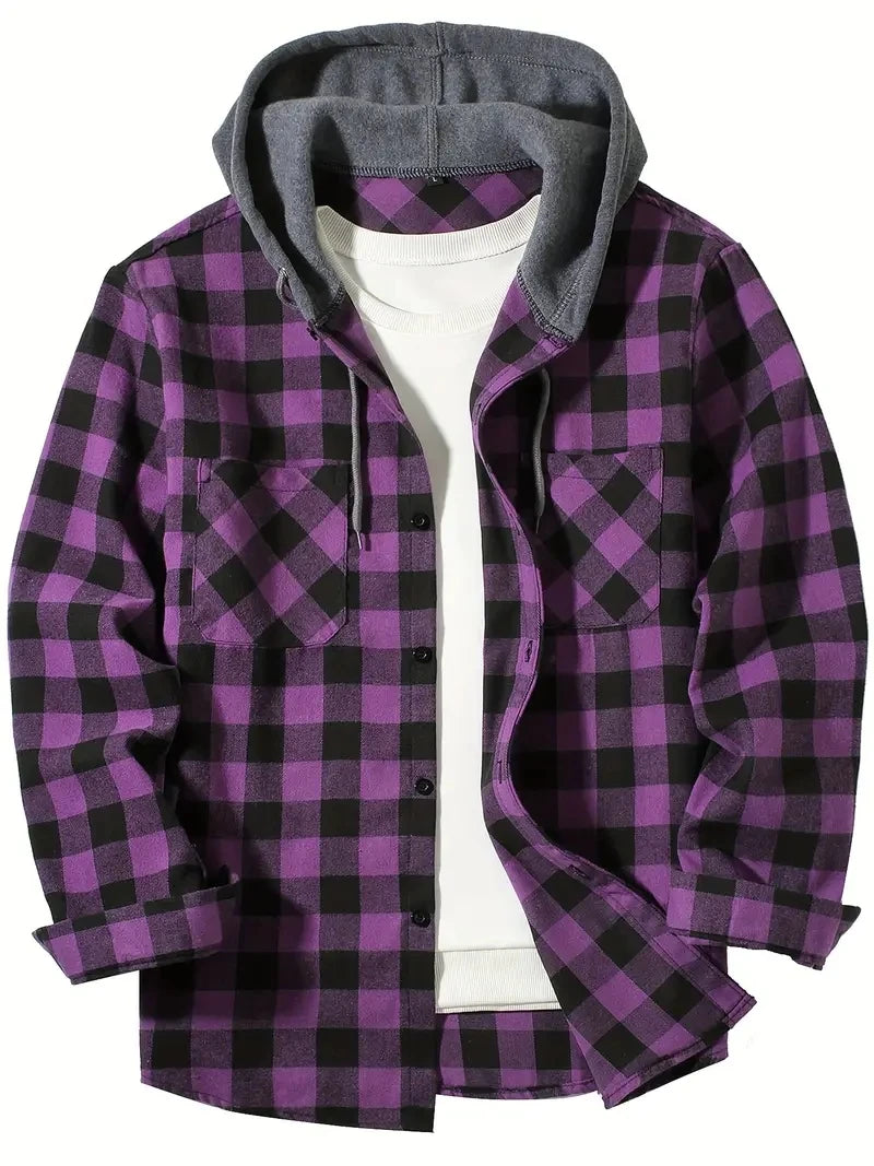 Men’s Classic Plaid Flannel Shirt Jacket with Hood, Long Sleeve Casual Button-Down Double Pockets – Autumn Tops