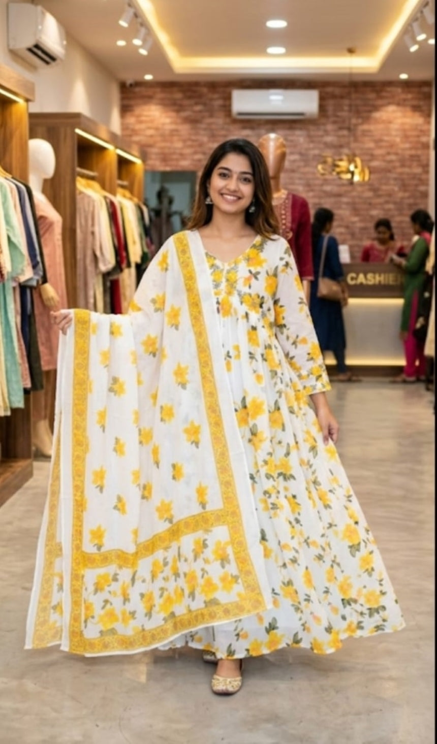 Women Floral Printed with embroidered Alia Cut Anarkali Dress with Dupatta, Premium Mal Mal Cotton