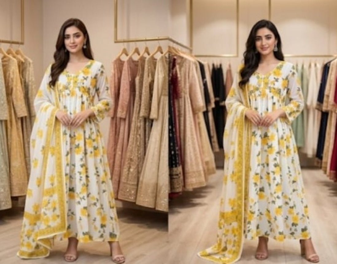 Women Floral Printed with embroidered Alia Cut Anarkali Dress with Dupatta, Premium Mal Mal Cotton
