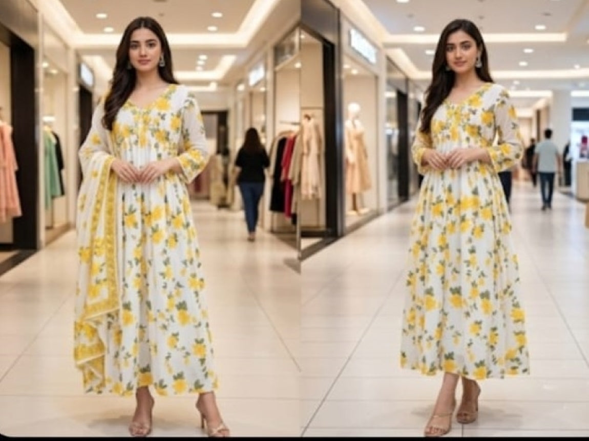 Women Floral Printed with embroidered Alia Cut Anarkali Dress with Dupatta, Premium Mal Mal Cotton