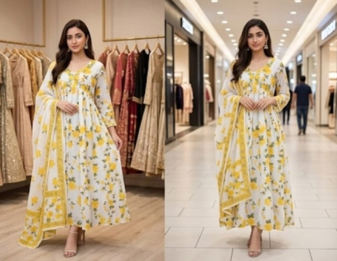 Women Floral Printed with embroidered Alia Cut Anarkali Dress with Dupatta, Premium Mal Mal Cotton