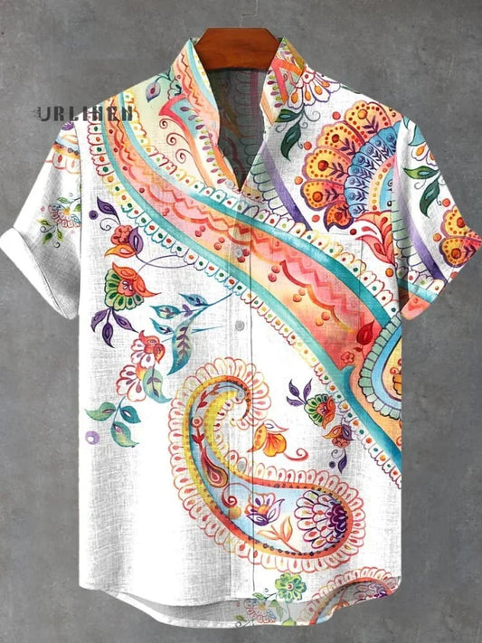 Men’s 100% Linen Vintage Floral Paisley Shirt – 3D Print, Stand Collar, Casual Fashion