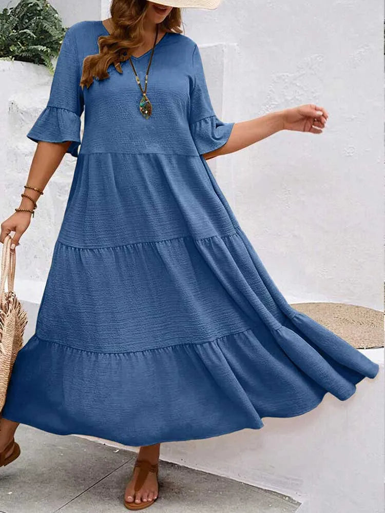 Plus Size Solid Color Bohemian Maxi Dress – Elegant Summer Fit and Flare