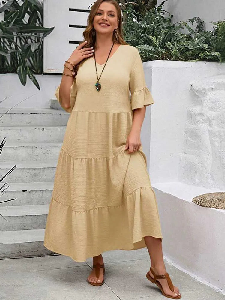 Plus Size Solid Color Bohemian Maxi Dress – Elegant Summer Fit and Flare