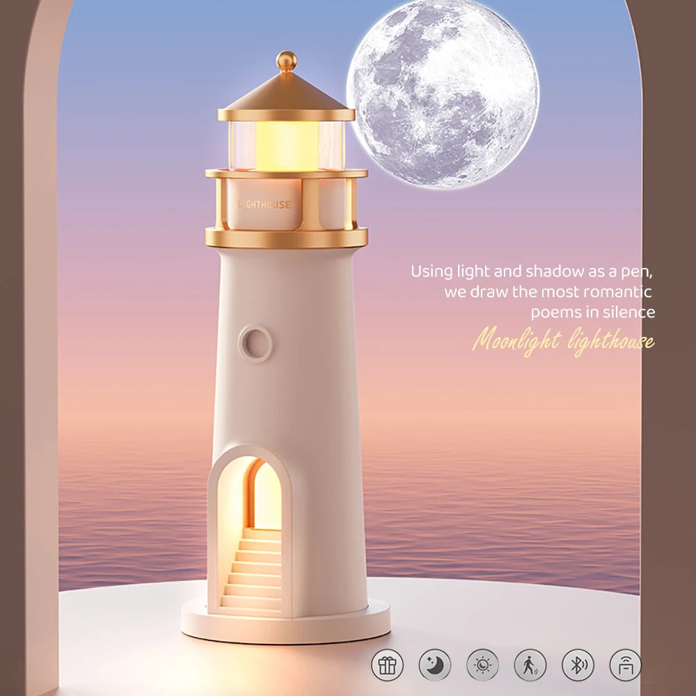 Moon Projection Lighthouse Night Light – Motion Sensor, Dimmable Ambient Lamp with Bluetooth Music, Timer Function – Transparent Version Gift for Christmas & Birthdays
