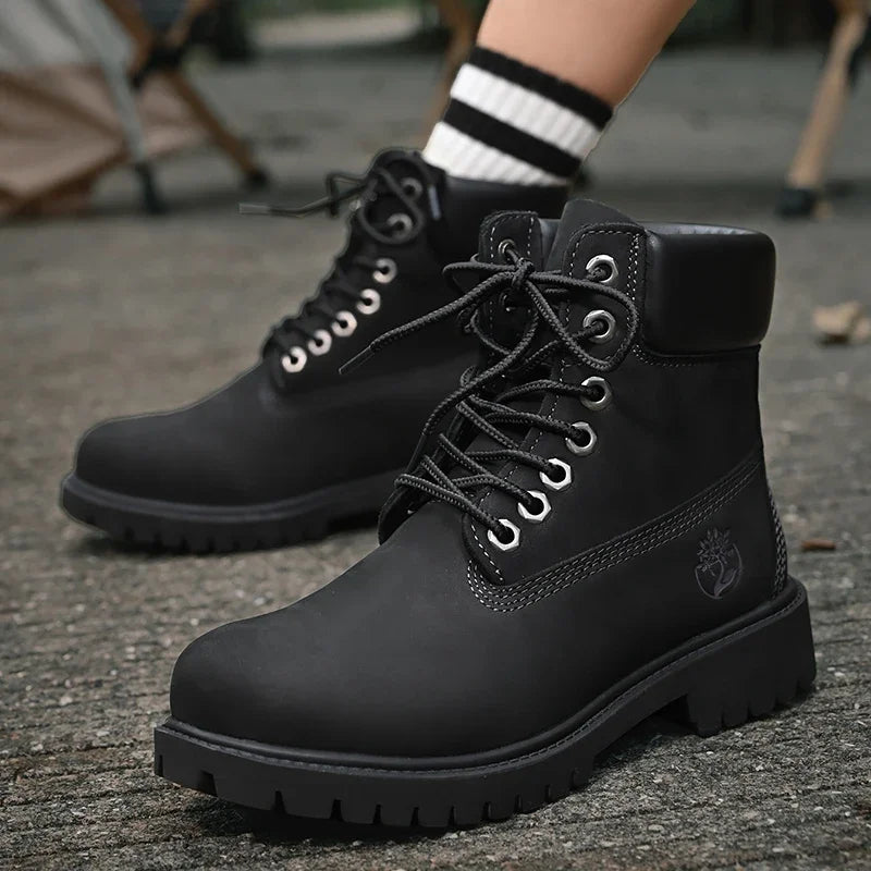 Men’s High Top Leather Boots – Winter Plush Warm Ankle Shoes, Outdoor Non-Slip Lace-Up Sneakers