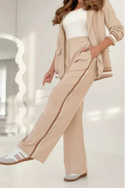 Women's Elegant Patchwork Two-Piece Set – Button Coat & High-Waist Wide-Leg Pants with Pockets