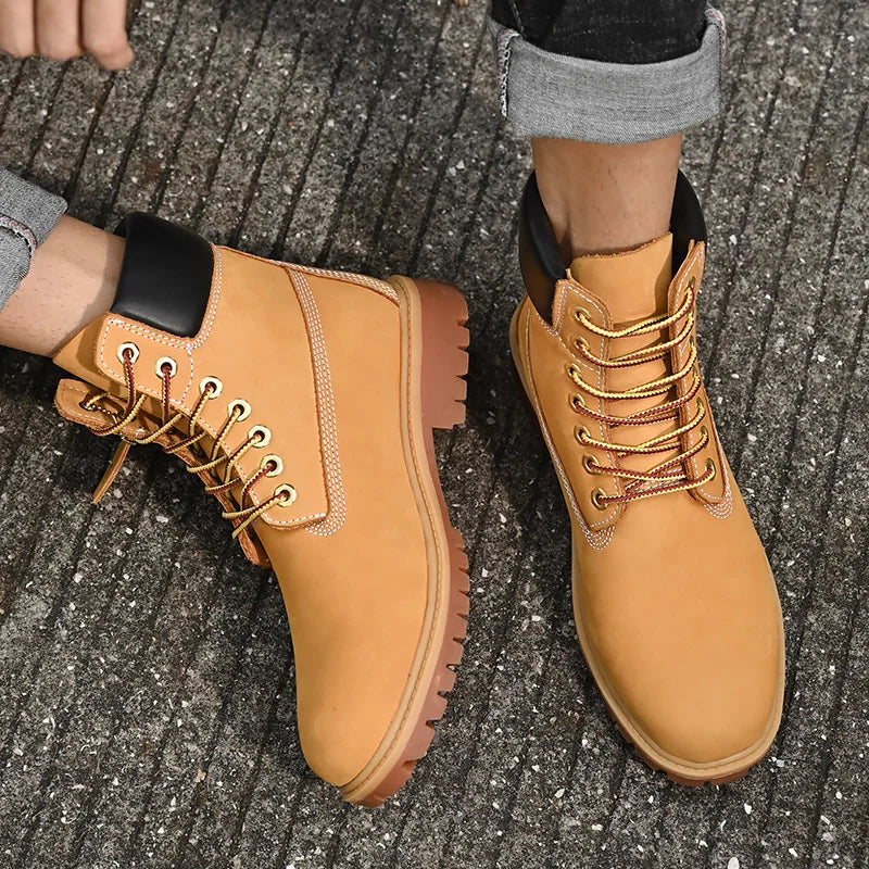 Men’s High Top Leather Boots – Winter Plush Warm Ankle Shoes, Outdoor Non-Slip Lace-Up Sneakers