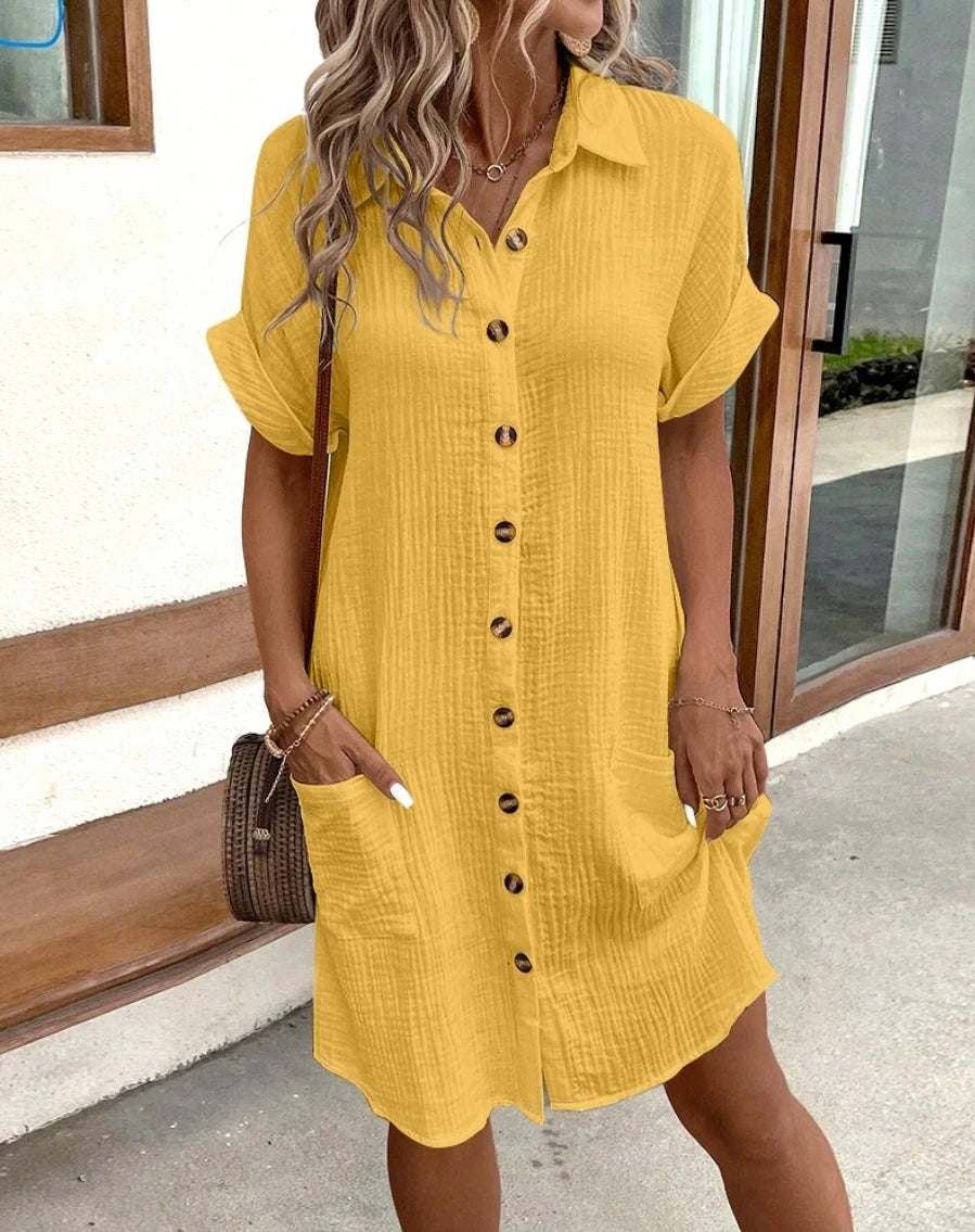 Vintage Women Solid Mini Dress – Summer Fashion V-neck Three-Quarter Sleeve Cotton Linen Dress