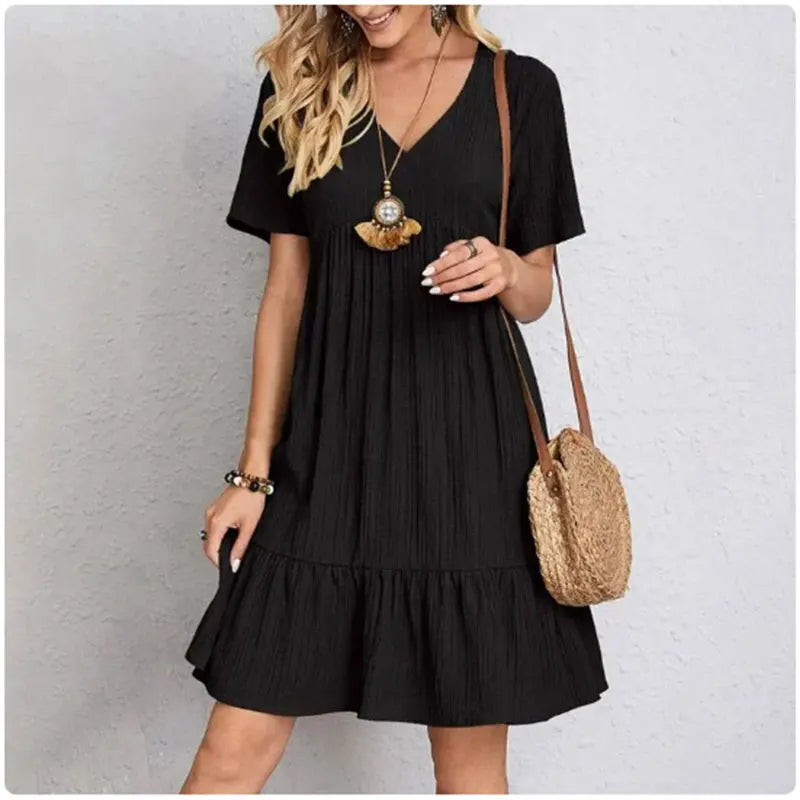 Women's Peplum V-Neck Summer Dress – Short Sleeve Loose Waist Ruffle Fit & Flare Vocation Style