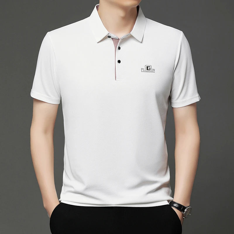 Men's Business Casual Polo Shirt – Short Sleeve Solid Colour with Badge