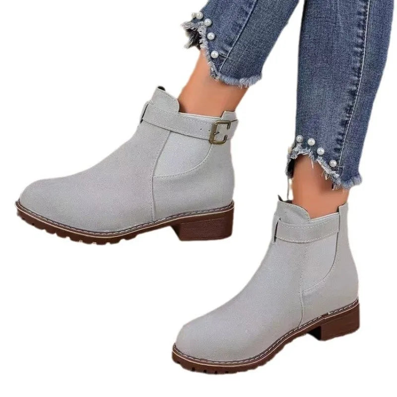Autumn Winter Women’s Mid Heel Boots – Elegant Round Toe, Square Heel, Versatile Fashion Shoes
