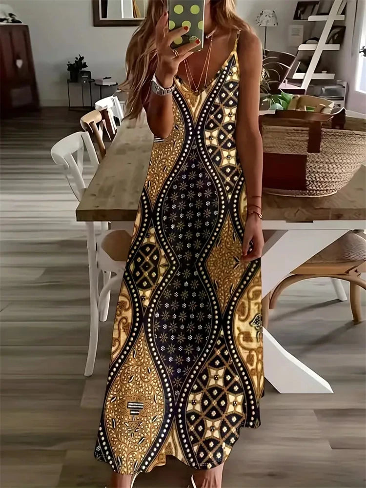 Women's Elegant Vintage Dreamcatcher Print Sleeveless Summer Halter Dress – 2025 Collection