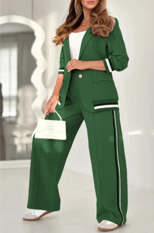 Women's Elegant Patchwork Two-Piece Set – Button Coat & High-Waist Wide-Leg Pants with Pockets