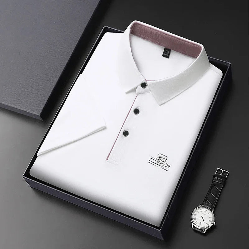 Men's Business Casual Polo Shirt – Short Sleeve Solid Colour with Badge