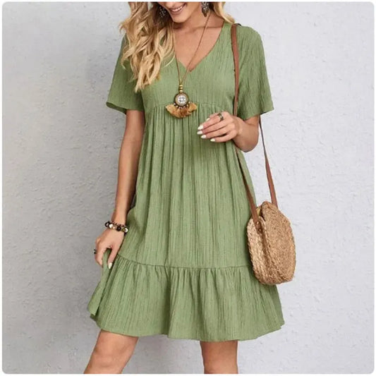 Women's Peplum V-Neck Summer Dress – Short Sleeve Loose Waist Ruffle Fit & Flare Vocation Style